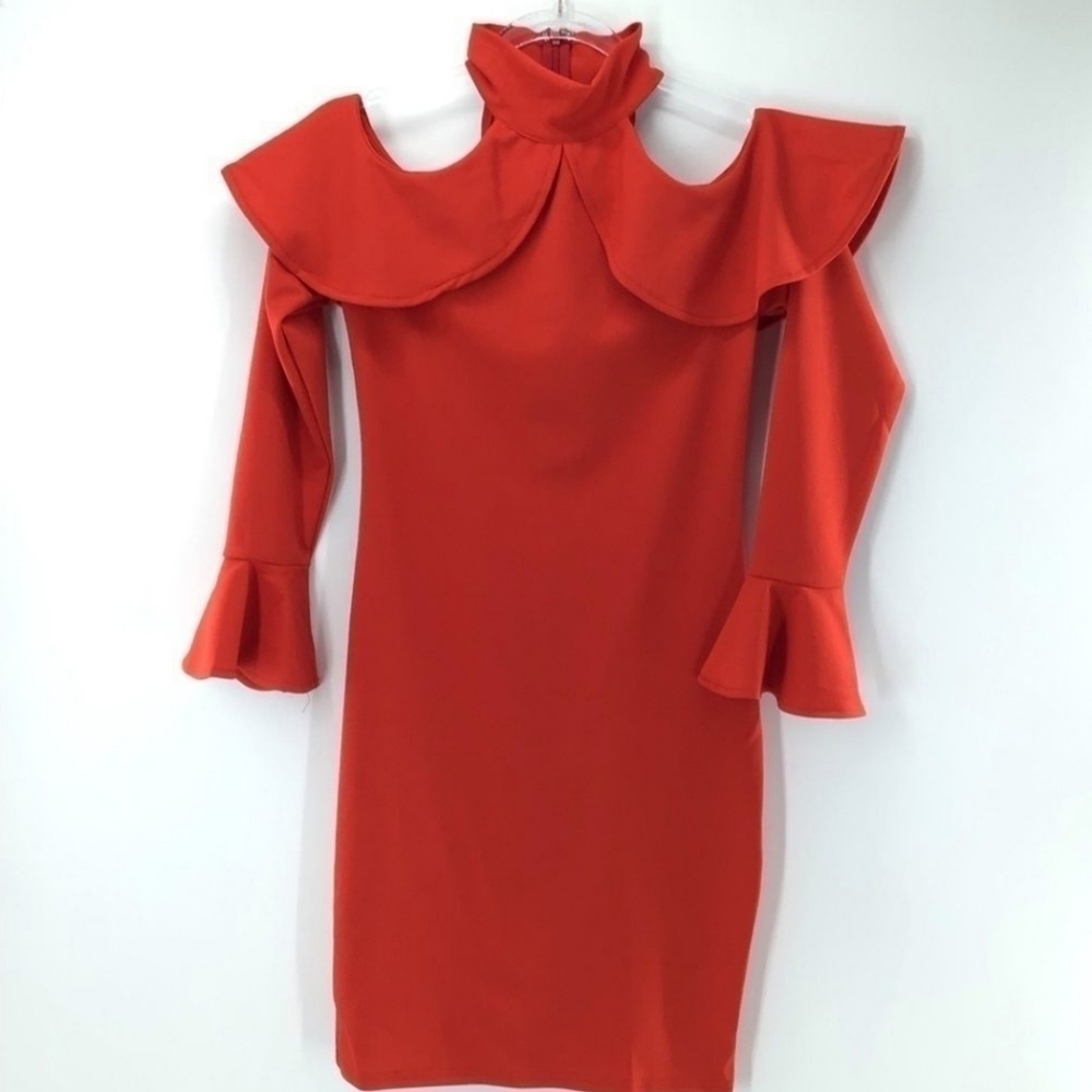 Selfie Leslie Red Cold Shoulder Choker Ruffle Sleeve Dress New With Tag Medium - Picture 3 of 6